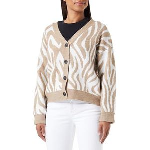 Nally Damestrui met V-hals losse cardigan acryl taupe wit maat M/L trui M, taupe en wit, M, Taupe en wit