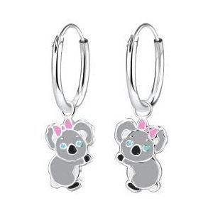 Zilveren oorbellen voor kinderen, meisjesoorbellen, zilveren oorbellen met hanger, koala met roze knoop, 10 mm x 7 mm, zilver, 10 mm x 7 mm, zilver, zilverkleurig