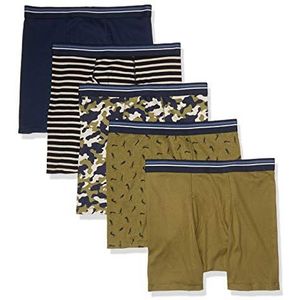 Amazon Essentials Set van 5 boxershorts zonder etiket voor heren, zwart/wit/camouflage/donkerblauw/legergroen/krijger, maat L
