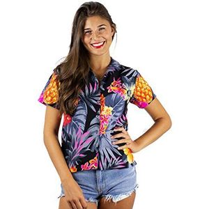 KING KAMEHA Hawaiiaans overhemd voor heren, korte mouwen, casual, bloemen, hibiscus, Zwarte en grijze ananas