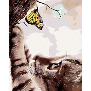 ZUTY 908221 Schilderen op nummer kat en vlinder geel 40 x 50 cm met spieraam (reeds gespannen)