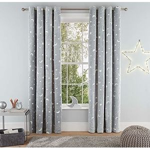 Sleepdown Super zacht lichtgevende fleece gordijnen met maan- en sterrenmotief, voor slaapkamer en woonkamer, 168 x 228 cm, grijs, 2 stuks