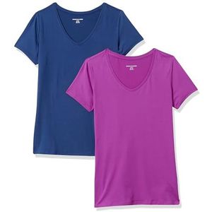 Amazon Essentials Dames Tech Stretch T-shirt met korte mouwen en V-hals (extra grote maat) - Marineblauw/Orchidee Paars - Maat XS