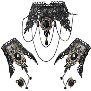 Aabellay Gothic choker halsketting kanten armband dames zwarte ketting gothic kostuum vingerloze handschoenen Victoriaanse sieraden Halloween vintage halsketting SF001 kunststof, Kunststof