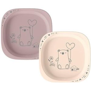 nip Green Öko set van 2 borden voor baby's en kinderen, magnetron- en vaatwasmachinebestendig, extra plat en perfect voor beginners, BPA-vrij, melaminevrij, duurzaam, diermotief, roze