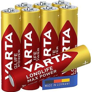 Varta Longlife Max Power AAA Micro LR03 batterij (8 stuks) alkalinebatterijen ideaal voor speelgoed en alledaagse apparaten, rood