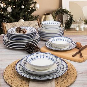 Elegante 24-delige dinerset, 100% porselein, wit en blauw, inclusief serveerborden, kommen, dessertborden, vaatwasser- en magnetronbestendig, perfect voor