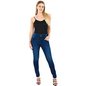 M17 Damesjeans, hoge taille, dubbele knoop, casual, katoenen jeans met zakken, Gemiddeld wasbaar blauw.