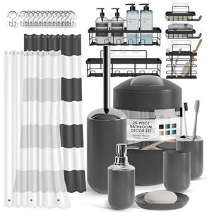 Clara Clark Ensemble d'accessoires de salle de bain – Ensemble de salle de bain avec panier de douche d'angle adhésif à suspendre, ensemble d'accessoires de salle de bain 25 pièces, ensemble de rideau