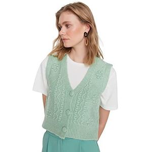 TRENDYOL Neo Knitting Detail Dames V-hals Button Triko Suveter Sweater Mint M, Munt
