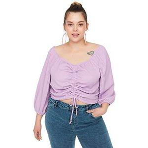 Trendyol Dames Crop Smock Jurk Ronde Hals Gebreid Plus Size Blouse Shirt, Lila, XXL (Grote maat), Lila.