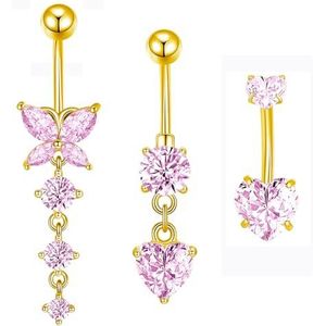 Besyvvin Navelpiercing van chirurgisch staal, 14 g, navelpiercing, goud en zilver, vlinderhanger met hart van Cz, glanzend, ring voor navelpiercing, sieraden voor piercing, Roestvrij staal, zirkonia
