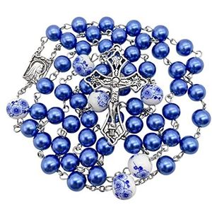 Nazareth Store Blue Pearl Beads Rosary White Flowers Beaded Halsketting Zware Medal & Cross Crucifix, Glas Keramiek Lak Glas