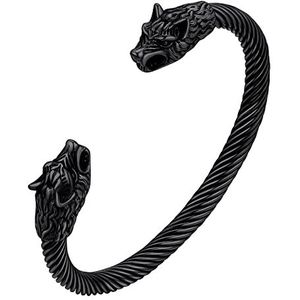 FaithHeart Vikingarmband voor heren, armbanden wolfskop, Fenrir/Rabe/Draak, roestvrij staal/zwart, open armband, sieraad Nordic Gothic (geschenkdoos), Niet-Edelmetaal, Geen edelsteen