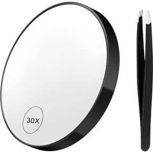 30 x vergrotende spiegel met 2 zuignappen, 8,9 cm vergrotende make-upspiegel, schuine tang, vergrotende reisspiegel om op de douchespiegel te plakken voor het verwijderen van wenkbrauwen, zwart,