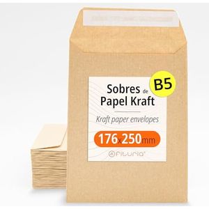 Enveloppes Kraft, avec bande de silicone pour invitations ou sachets-cadeaux pour invités lors de mariages, communions ou baptêmes. Enveloppes pour bijoux ou graines - Ofituria (176x250mm, 2000 env.)