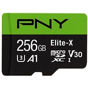 PNY Elite-X microSDXC geheugenkaart 256 GB + SD-adapter, 100 MB/s, leessnelheid, klasse 10 UHS-1, U3, A1 App Performance, V30 voor 4K video