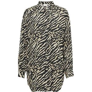 KAFFE Women's Shirt Oversized Fit Long Sleeves Button Up Mid Thigh Length Femme, Black And Brown Animal Print, 44