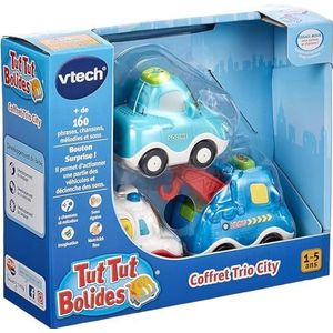 VTech Toet Toet Auto's, Trio City-set, 3 interactieve auto's, sedan, sleepwagen en ambulance, muziek- en geluidsspeelgoed, cadeau voor kinderen van 1 jaar tot 5 jaar, inhoud in het Frans