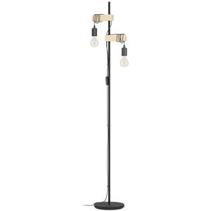 EGLO Lampadaire TOWNSHEND, lampe de sol à 2 flammes au design industriel, lampe sur pied en acier et en bois, noir, marron, douille E27, certifié FSC, interrupteur inclus