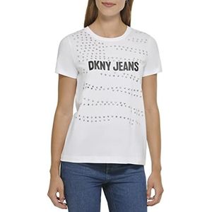DKNY T-shirt pour femme avec logo All Over Stud Detailing, Blanc., L