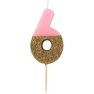 Verjaardagskaars roze getal 6 met gouden glitter | Premium taartdecoratie | mooi, glinsterend voor kinderen en volwassenen, 16e 60e verjaardag, jubileum, grote leeftijd