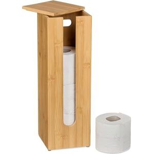 Relaxdays toiletrolhouder met deksel - staande wc-rolhouder - voor 4 rollen - bamboe
