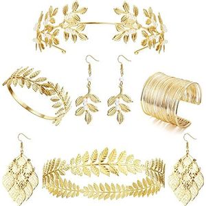 LOLIAS 6 stuks Griekse godin kostuum accessoires gouden lauwerkrans hoge arm hoofdband wikkelarmband parelblad hangende oorbellen bruiloft goud, Gouden edelsteen, Parel