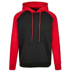 Build Your Brand Basic Raglan Hoodie voor heren, contrasterend, verkrijgbaar in vele kleuren, maten XS tot 5XL, Zwart/Rood