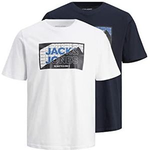 JACK & JONES Jcologan T-shirt Ss Crew Neck Aw23 2 stuks Mp T-shirt voor heren, Wit/Navy Blauw