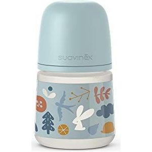 Suavinex, Fles van 150 ml met Fysiologische SX Pro siliconen speen met antitolisch ventiel, langzame doorstroming (S) voor baby's + 0 maanden, bos, blauw