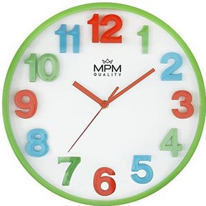 MPM Wall Clock E01.4047.31 wandklok kinderkamer zonder tikkgeluiden, stille wandklok 30 cm kleurrijke cijfers voor de kamer jongen meisjes jongens meisjes E01.4047.31 wit blauw S/M