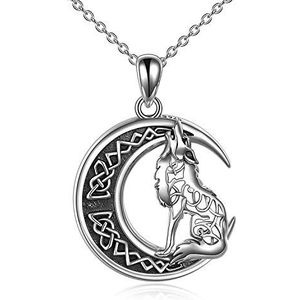 YFN Halsketting met wolf en maan hanger van sterling zilver, cadeau voor mannen en meisjes, Sterling Zilver