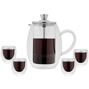 Grunwerg Café Stål koffiezetapparaat van roestvrij staal, dubbelwandig, met vier stijlvolle kopjes van glas, zilver/zwart, 300 ml