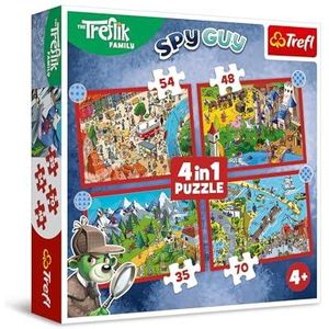 Trefl - The Treflik Family, Les Voyages de Treflik - Puzzle 4 en 1, 4 Puzzles, de 35 à 70 Pièces - Différents Niveaux de Difficulté, pour les Enfants à partir de 4 ans