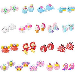 HIFOT 18 paar oorbellen clip voor kinderen, schattige diereneenhoorn, uil, oorbellen, clip, prinses, sieraden, accessoires, feestgunst, hars, Hars