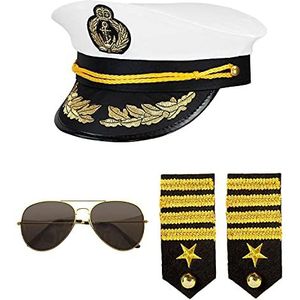 Widmann 68543 - verkleedset kapitein muts, pauletten en bril, marineblauw/kapitein, carnaval, themafeest