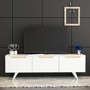 Hanah Home Scandinavische tv-standaard, wit en eiken, 150 cm, spaanplaat, 100% melamine, dikte 18 mm, wandmontage met genummerde planken, elegant en functioneel