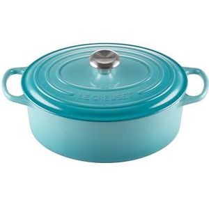 Le Creuset, Signature stoofpan van geëmailleerd gietijzer met deksel, diameter 29 cm, ovaal, compatibel met alle warmtebronnen (inductie meegeleverd), inhoud: 4,7 l, 4,675 kg, Caribisch blauw