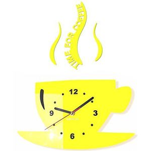 Mok Time for Coffee (tijd voor koffie) moderne keuken wandklok, citroengeel, 3D romis, wandklok decoratie