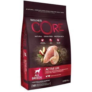 Wellness Core Active Life, droogvoer voor actieve honden in alle maten, natuurlijk en graanvrij, kip en kalkoen, 10 kg