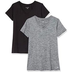 Amazon Essentials Dames Tech Stretch T-shirt met korte mouwen en V-hals (extra grote maat) - zwart/donkergrijs geverfd per sectie - maat S