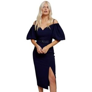 Little Mistress Lotte Bardot midi-jurk, nauwsluitend, met riem, marineblauw, maat 34, dames, marineblauw, 34, Navy Blauw