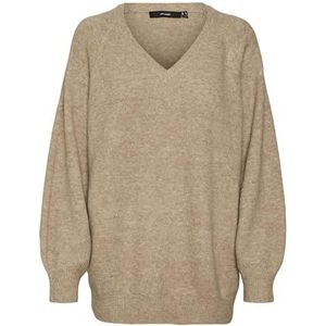 VERO MODA Vmleaf Ls gebreide trui met lange V-hals voor dames, Silver Mink/detail: W. Melange