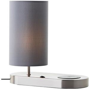 Brilliant Moderne tafellamp met geïntegreerde kantelstandaard, draadloos opladen door inductielading en grijze stoffen kap - ideaal voor nachtkastjes en bureaus