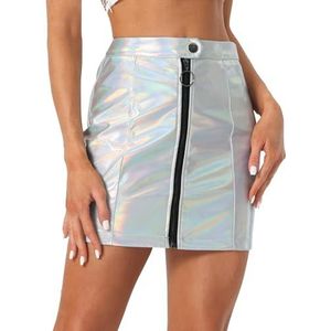 Allegra K Halloween kostuum dames hoge taille ritssluiting vooraan mini metalen rok, zilver.