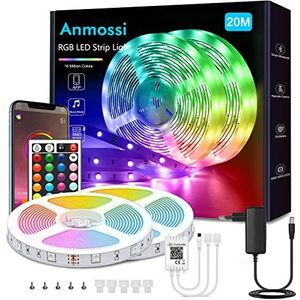 Anmossi Ledstrip, 20 meter, Smart Bluetooth, meerkleurig, synchroniseren met muziek, ledstrip, dimbaar, met afstandsbediening en app, voor decoratie binnenshuis, slaapkamer, feest