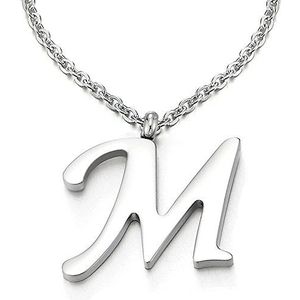 Initiële naam alfabetische letter M hanger – halsketting voor dames en heren – staal – kleur zilver – 50 cm touw ketting