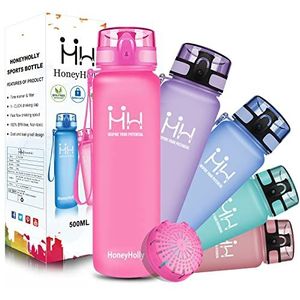 HoneyHolly Sportfles, waterfles, 500 ml, BPA-vrij en lekvrij, grote fles voor kamperen, fietsen, wandelen, reizen, kinderen, herbruikbare drinkfles