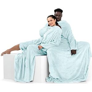 DecoKing 170 x 200 cm tv-deken van microvezel met mouwen en zakken, zacht fleece, met voetzak, lichtblauw